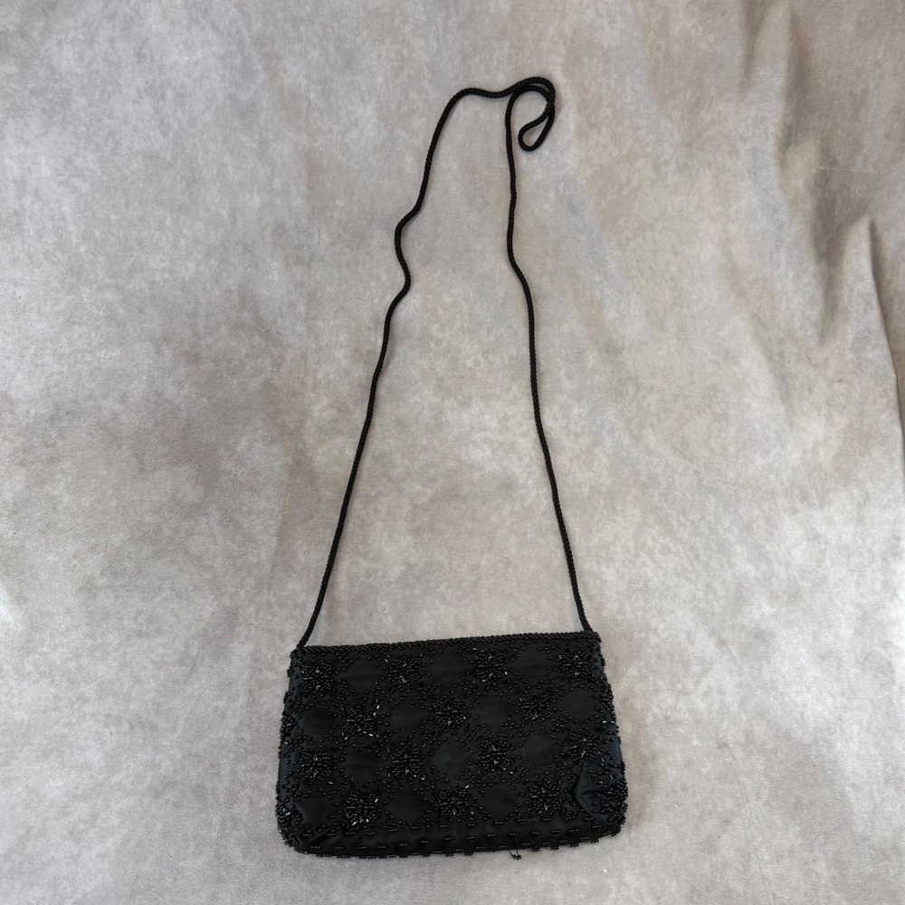 Valerie Stevens Beaded Evening Bag Women Small Black Crossbody Satin Clutch